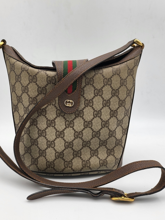 Gucci Handbags - Gucci Vintage GG Canvas Crossbody Bucket Bag with Web Stripe. Auth..w/COA.
